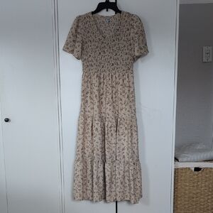 Neutral Floral Smocked Flutter Sleeve Maxi Dress